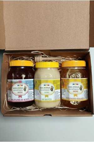 Cutia cadou cu miere de rapita, miere floarea soarelui, miere polifloră de munte