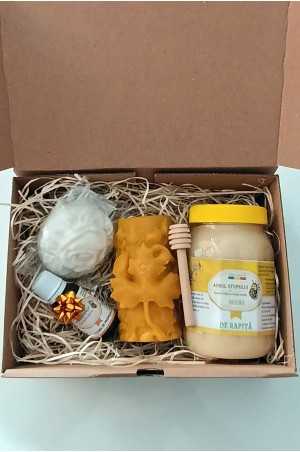 Cutia cadou cu miere rapita, propolis, sapun natural lavanda , lumanare ceara naturala albine