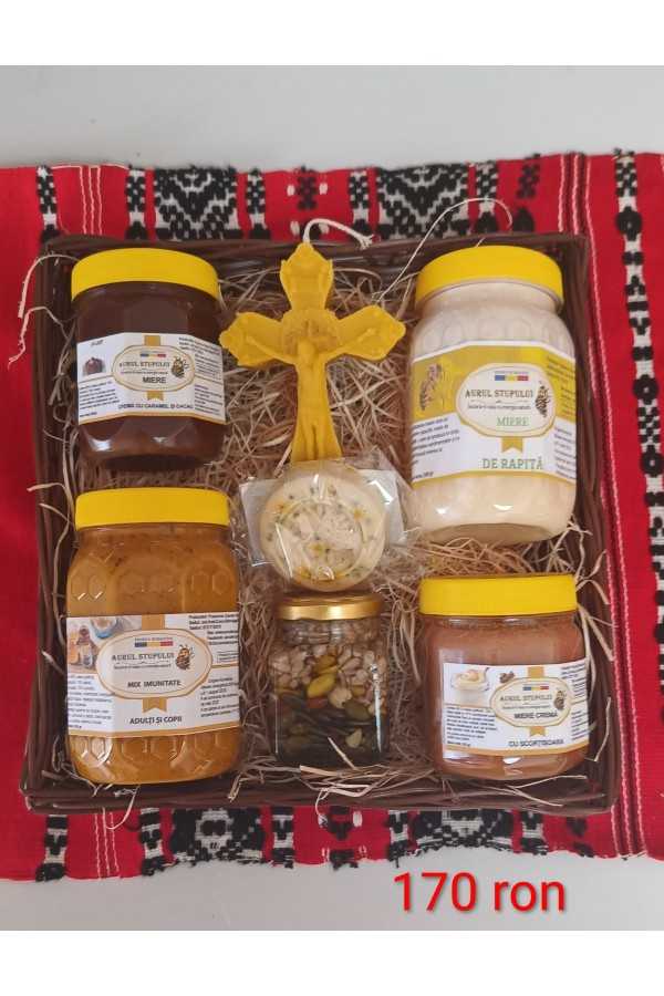 Coș cadou (Mix imunitate,miere cremă scorțișoară, lumânare cruce, săpun polen,miere rapiță, mix semințe)