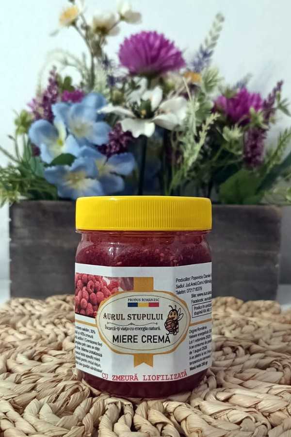 Miere crema cu zmeura liofilizata, miere cu zmeura, miere crema zmeura, zmeura liofilizata