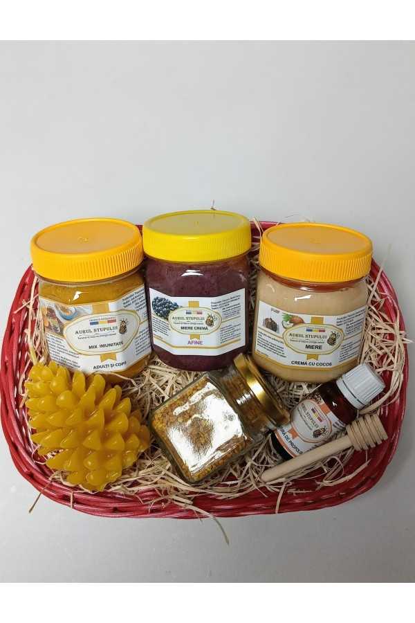 Coșul Cadou (Mix imunitate,miere cremă cocos,afine,polen poliflor, tinctură propolis, linguriță, lumânare)