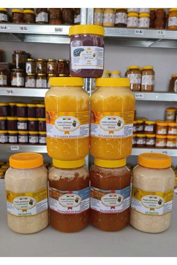 Pachetul ianuariei 6x1kg ( 2kg Rapiță, 2kg Floarea Soarelui,2kg Polifloră de munte) +Cadou 1x250gr miere cremă afine