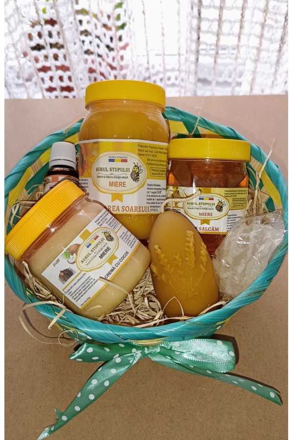 Coș Cadou (Miere salcâm,miere floarea soarelui, miere cremă cocos,propolis, lumânare ou paște,sapun)